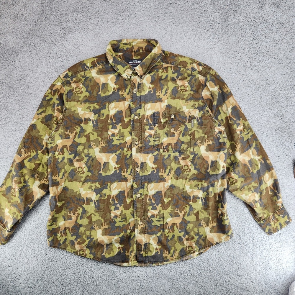Woolrich Olive Camouflage Deer Long Sleeve Button Up Shirt Mens XL
